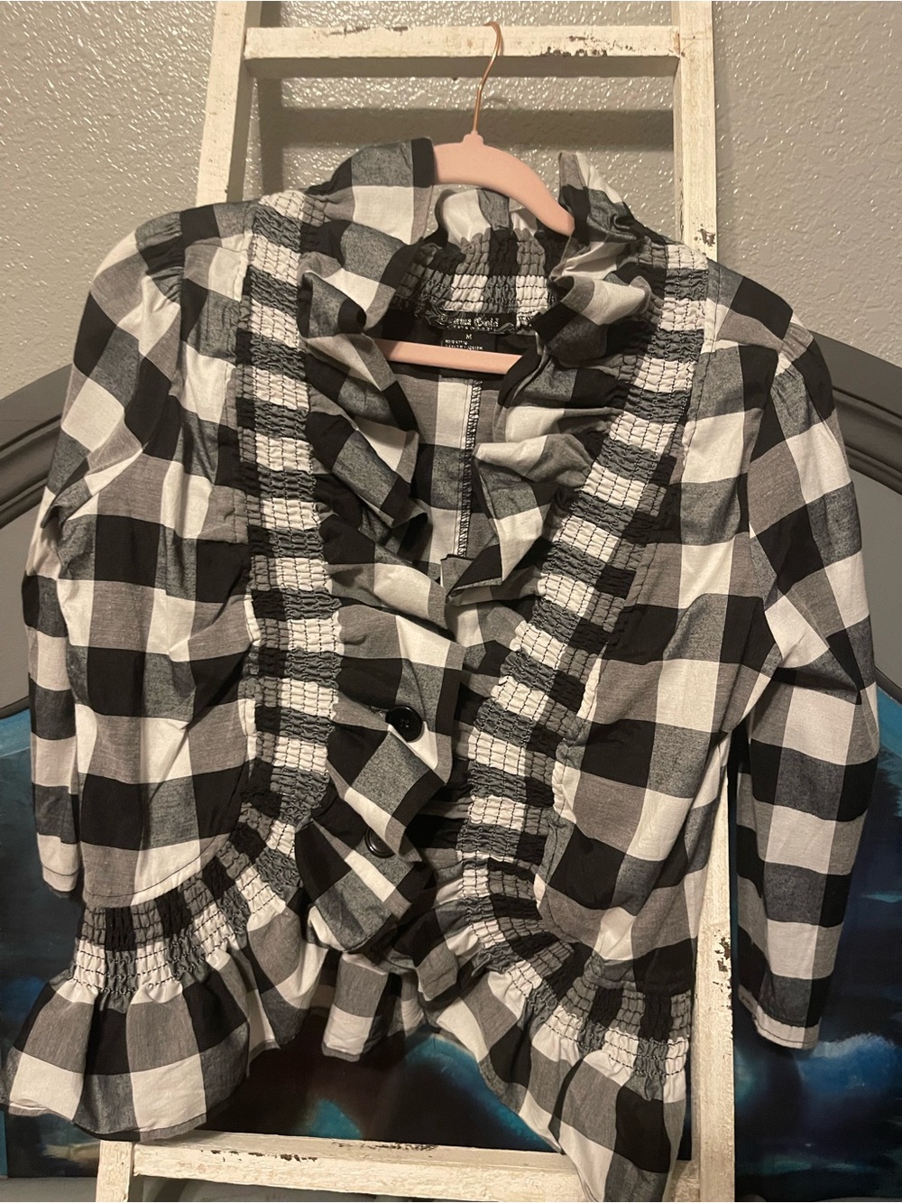 Buffalo Plaid Ruffle Button-Down Blouse - Black & White